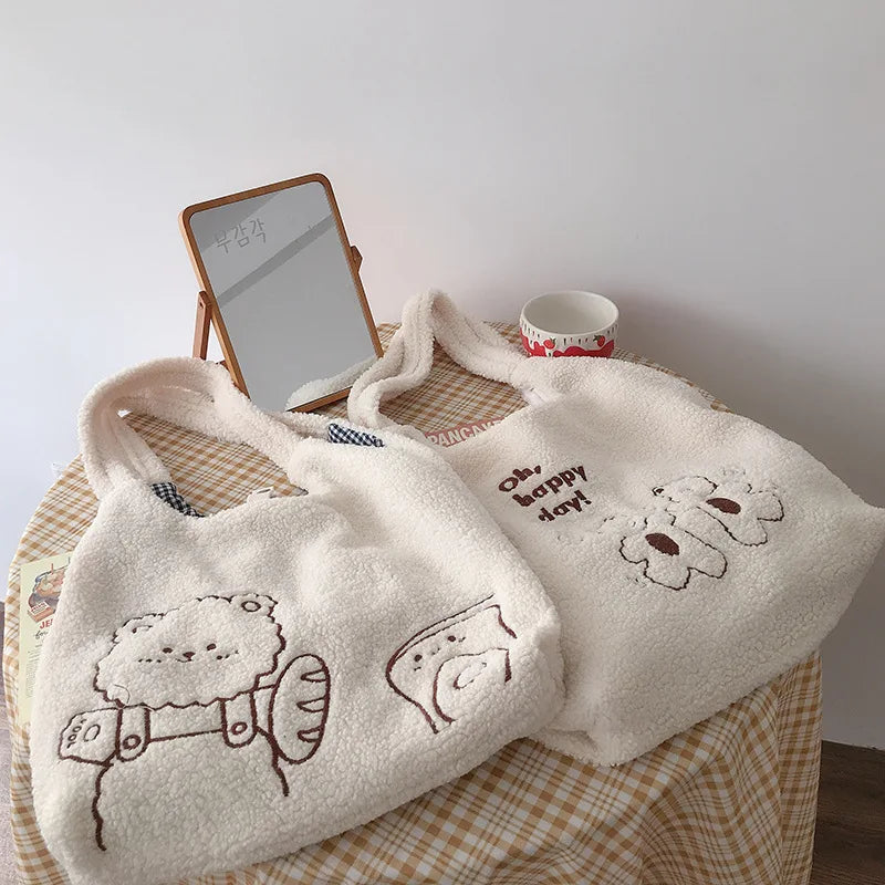 Plush Lamb Women Shoulder Bag Soft Tote Large Capacity