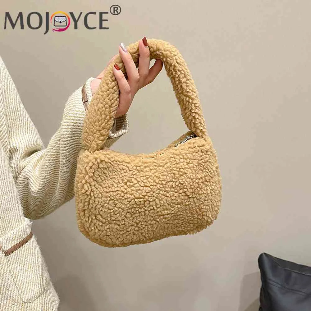 Lamb Wool Commute Bags Soft Winter Tote Casual Portable Warm Zipper Solid