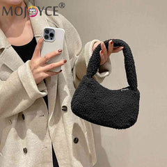 Lamb Wool Commute Bags Soft Winter Tote Casual Portable Warm Zipper Solid