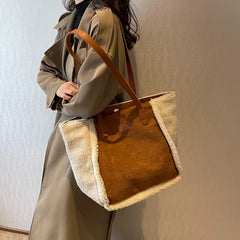Lamb Wool Plush Tote Bag Faux Fur Suede Shoulder Contrast Shopping