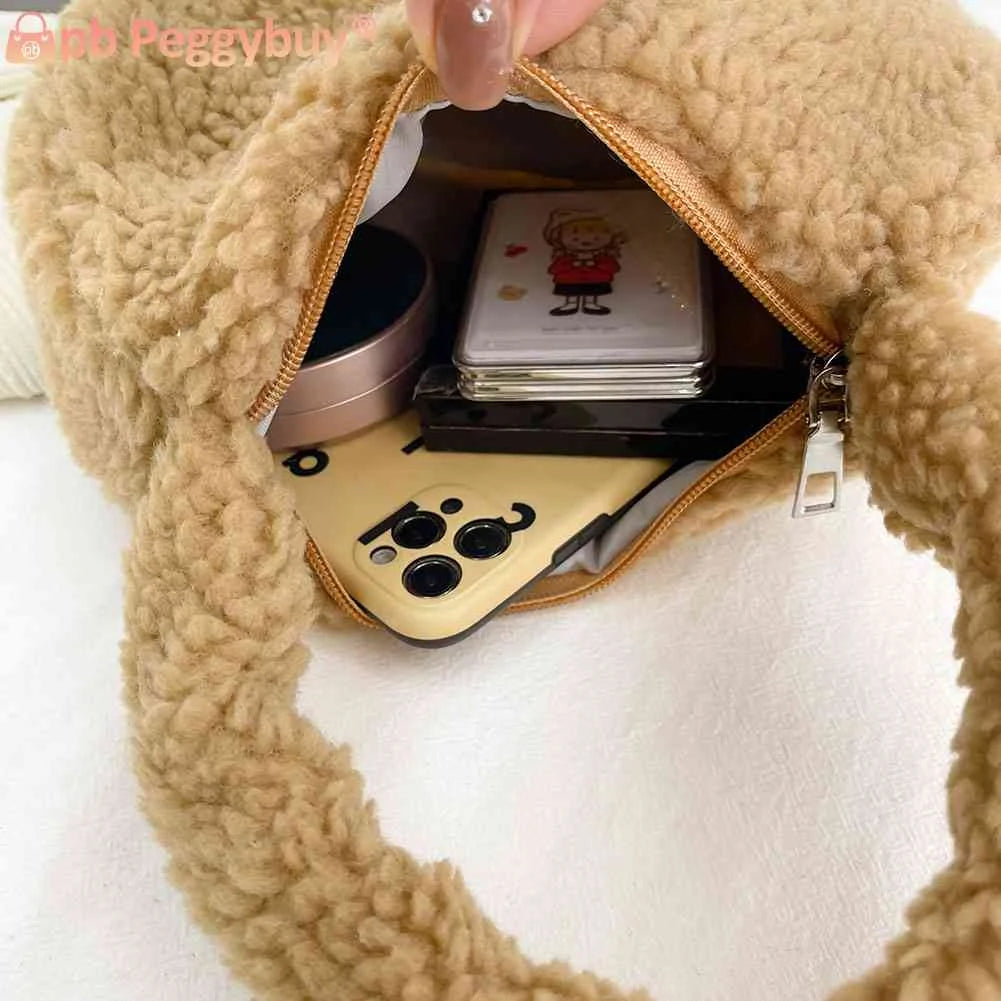 Lamb Wool Shoulder Bag Soft Winter Ladies Handbags Casual Warm Zipper