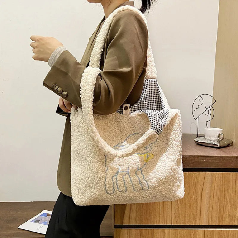 Lambswool Shoulder Bag Large Capacity Embroidery Handbag Shopper Bags