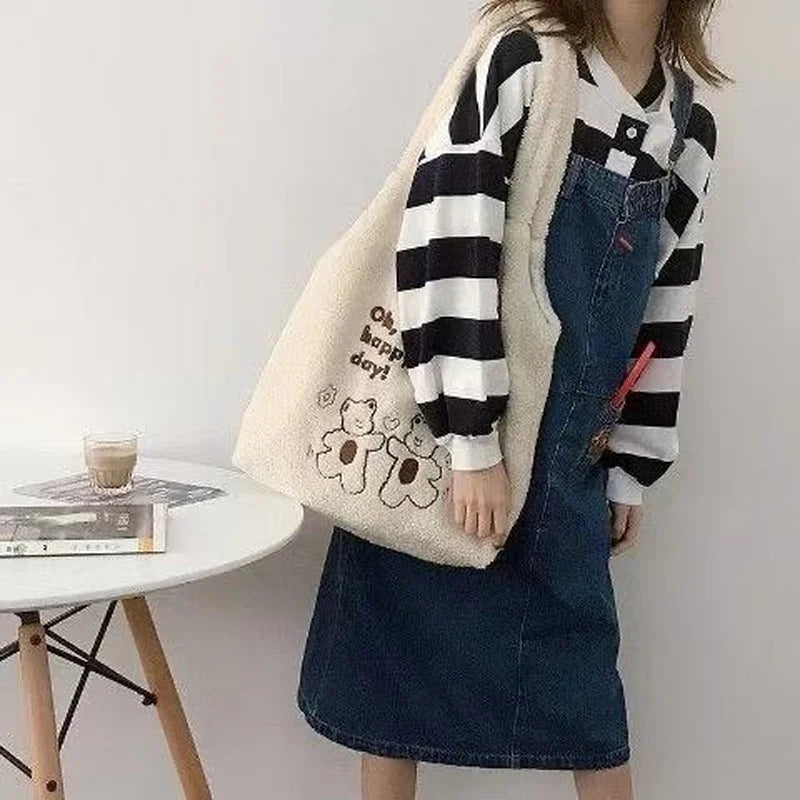 Lambswool Shoulder Bag Large Capacity Cartoon Embroidery Preppy Style