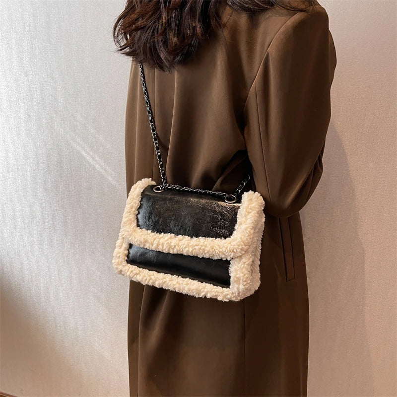 Lambwool Chain Shoulder Bag Small Underarm Handbag Women Crossbody Bag