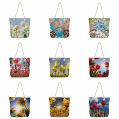 Floral Print Handbags Thick Rope Shoulder Bag