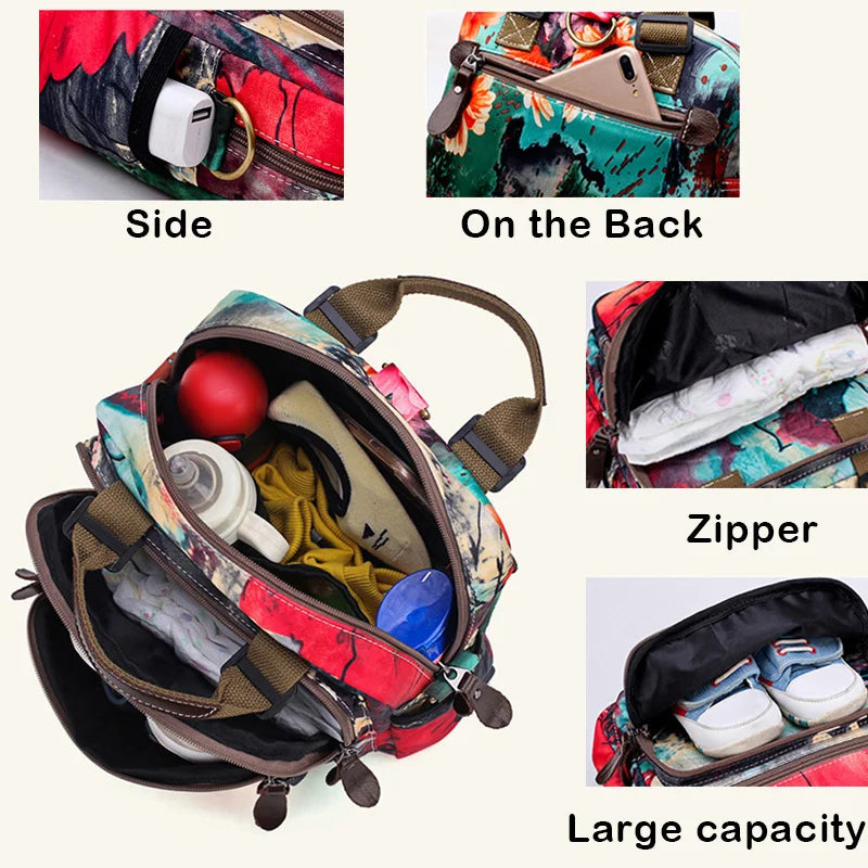 Large Baby Diaper Bag Backpack Waterproof Flowers Printing Handbag