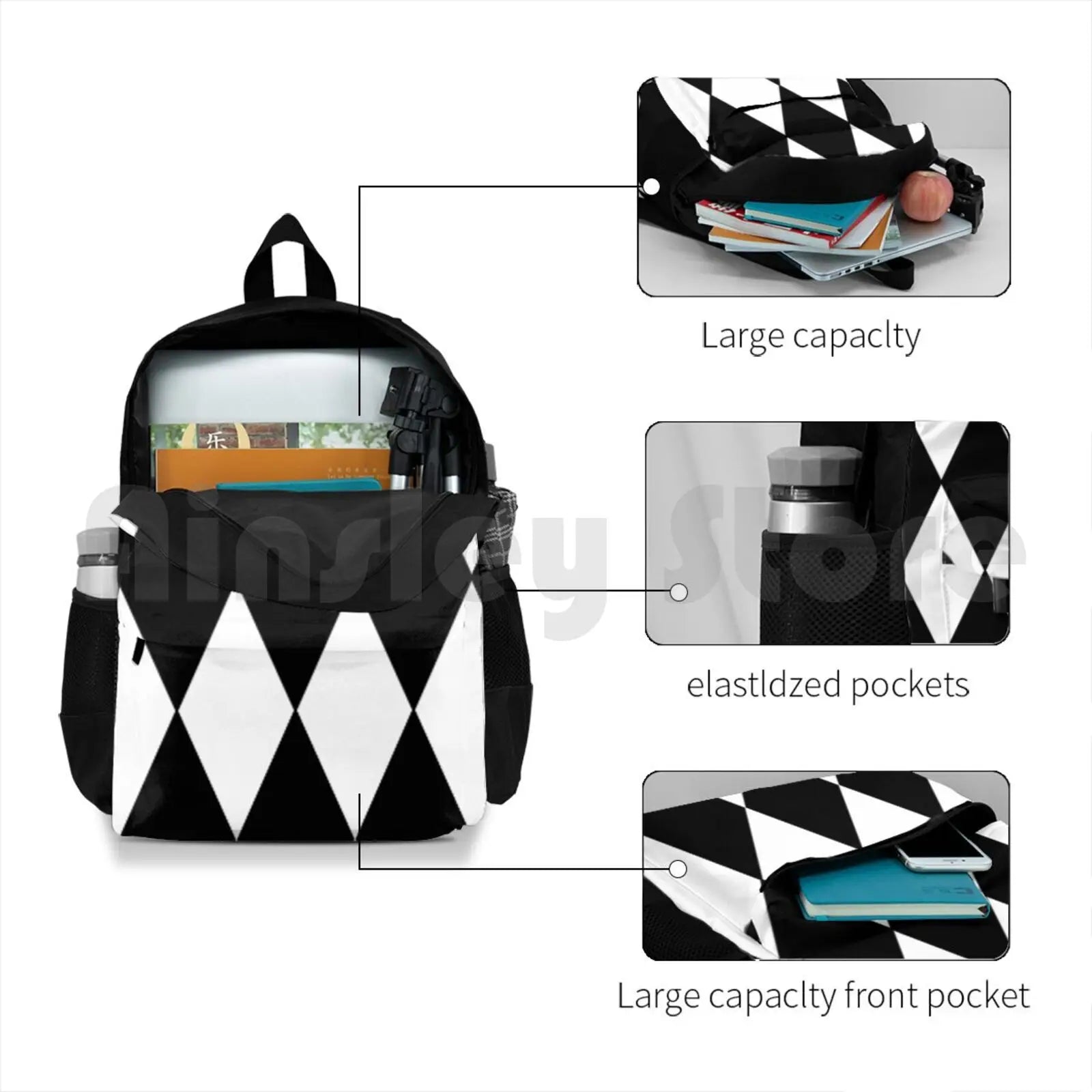 Large White Diamond Argyle Pattern Backpack for Hiking