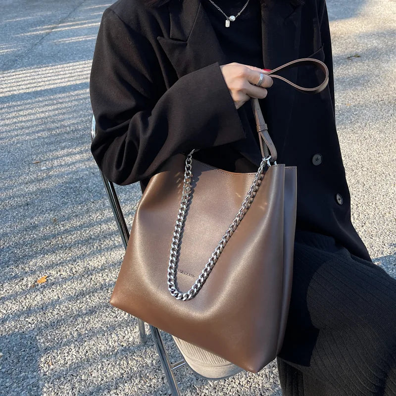Large Bucket Shoulder Bag Women Purse Chain Messenger Tote PU Leather