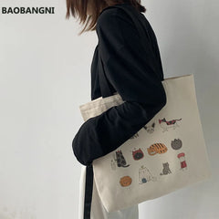 Cute Japanese Cat Canvas Tote Bag Eco Reusable Shoulder Shopping Bag