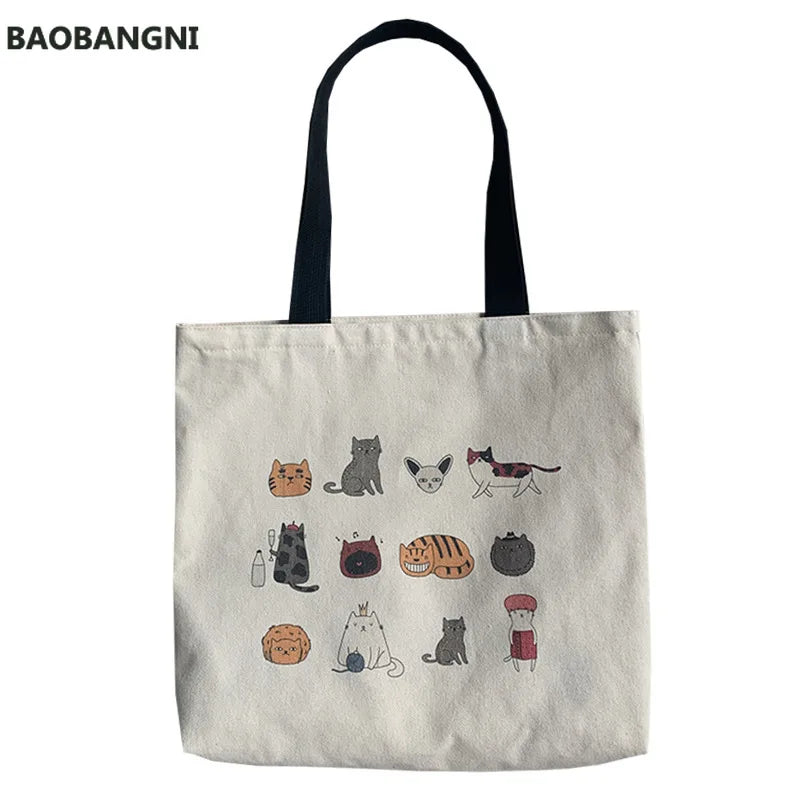 Cute Japanese Cat Canvas Tote Bag Eco Reusable Shoulder Shopping Bag