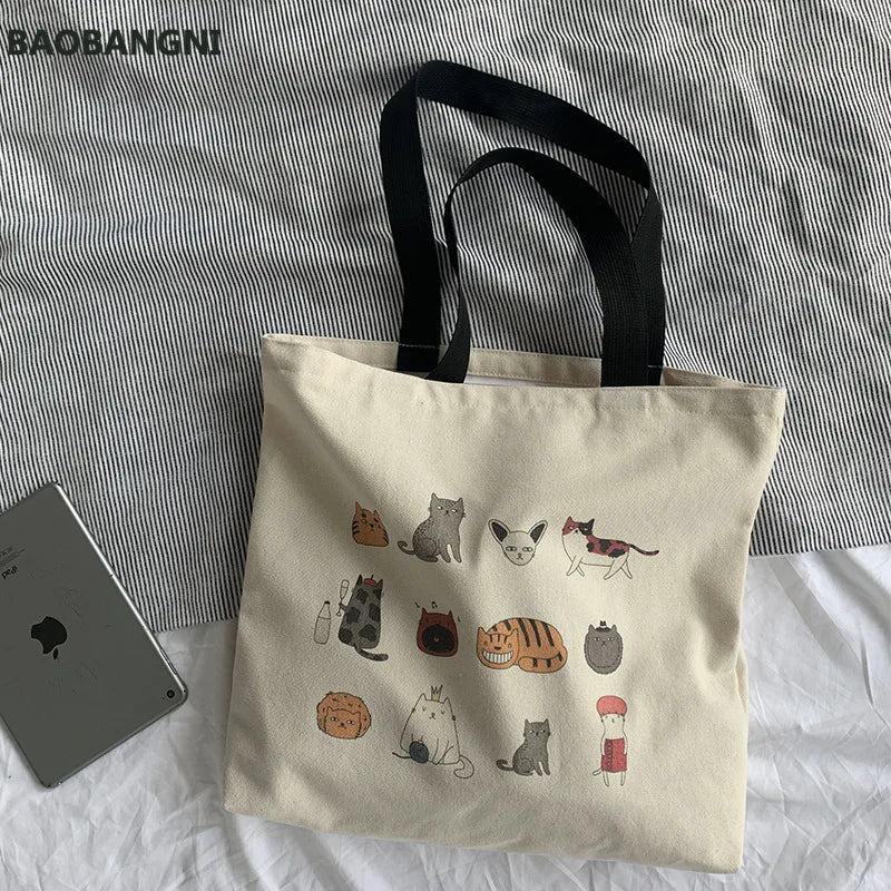 Cute Japanese Cat Canvas Tote Bag Eco Reusable Shoulder Shopping Bag