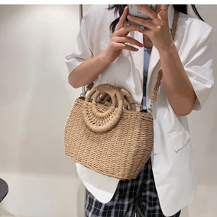 Large Capacity Summer Beach Straw Bucket Bag Messenger Bag Women's Tote