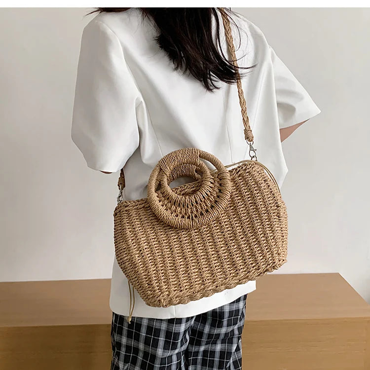 Large Capacity Summer Beach Straw Bucket Bag Messenger Bag Women's Tote