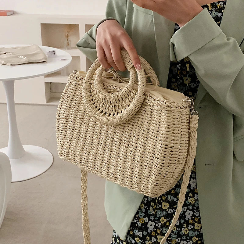 Large Capacity Summer Beach Straw Bucket Bag Messenger Bag Women's Tote