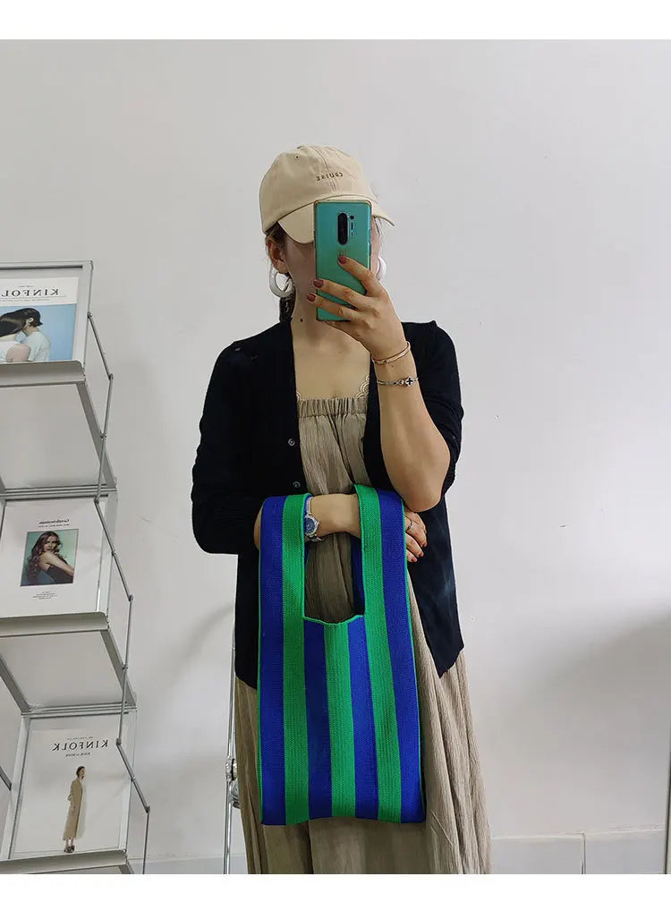 Green Striped Handbag Vest-Shaped Knitted Tote