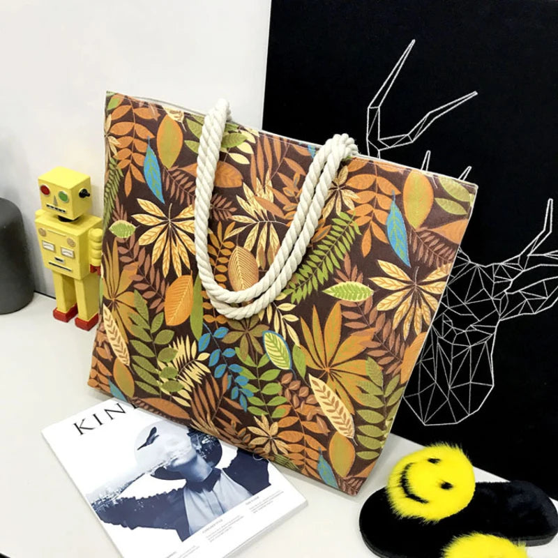 Leaf Printed Canvas Shoulder Bag Large Capacity Women Shopping Tote