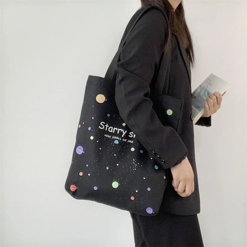 Canvas Hand Bag For Women Romantic Stars Pattern Lightweight Shoulder Bag