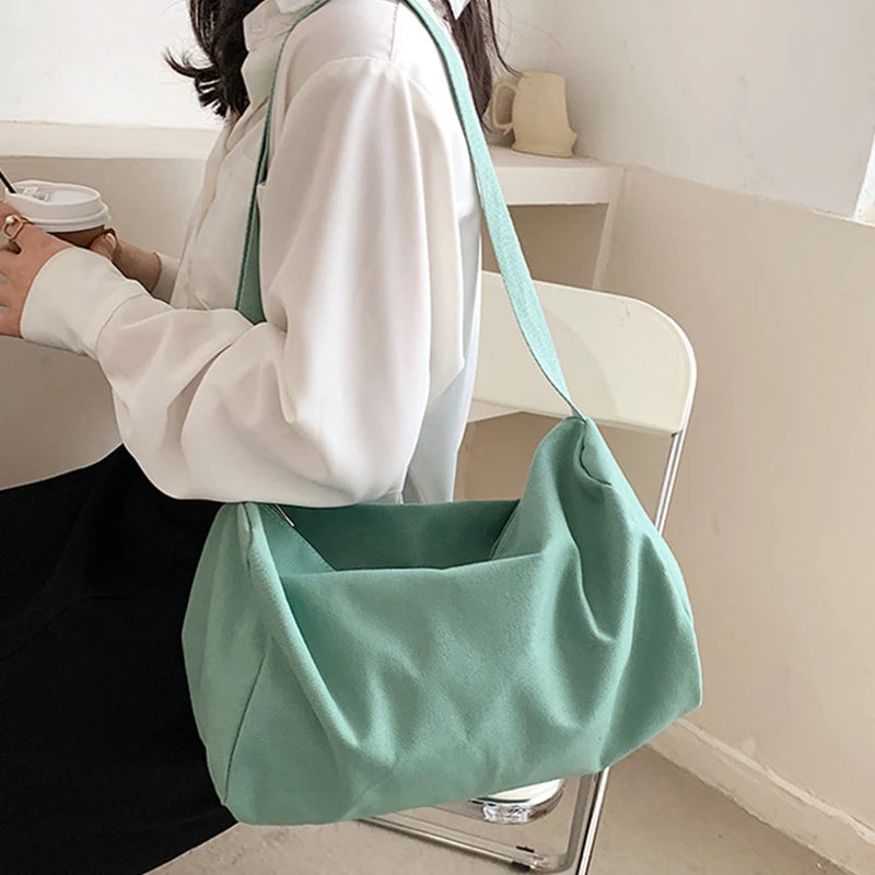 Large Capacity Canvas Hobo Shoulder Bag Women Summer Solid Gym Shopping Tote
