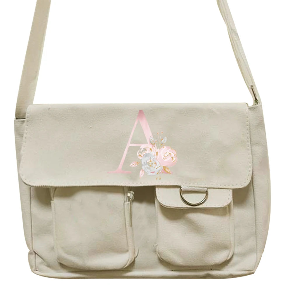 Canvas Messenger Bag Pink Flower Student Tote Bag