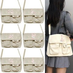 Canvas Messenger Bag Pink Flower Student Tote Bag