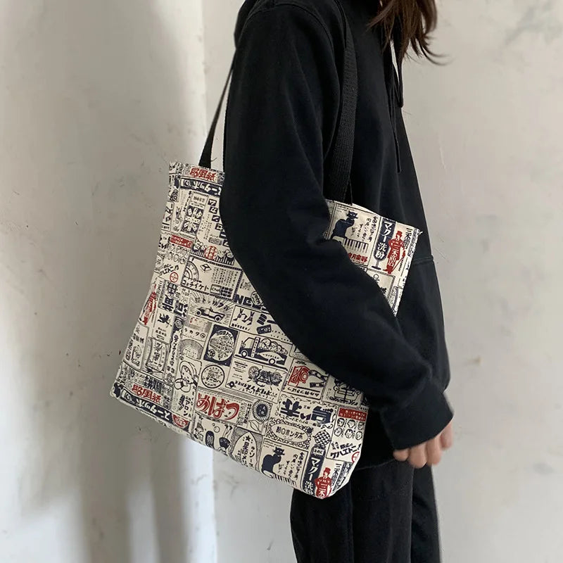 Japanese Vintage Canvas Shoulder Bag Eco Shopping Tote Handbag