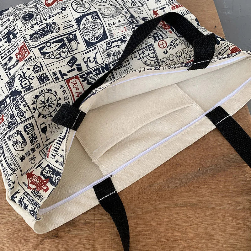 Japanese Vintage Canvas Shoulder Bag Eco Shopping Tote Handbag