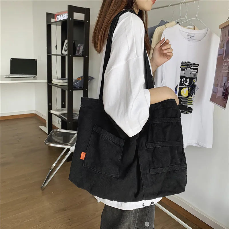 Large Capacity Canvas Shoulder Bag Soft Denim Travel Bag for Women