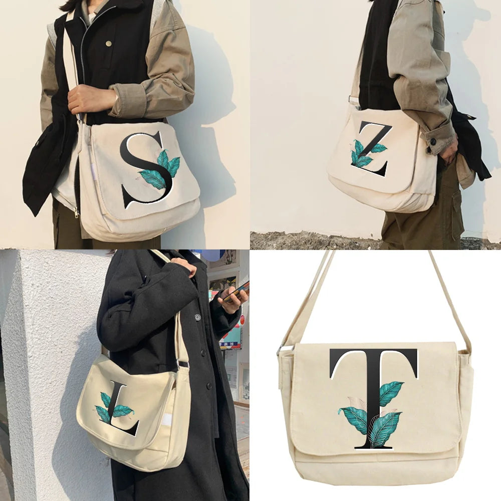 Japanese Harajuku Canvas Shoulder Bag Student Crossbody Leaf Letter Printed