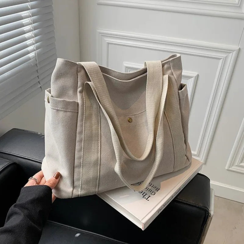 Large Capacity Canvas Women's Handbag Shoulder Bag Zipper Solid Student Schoolba