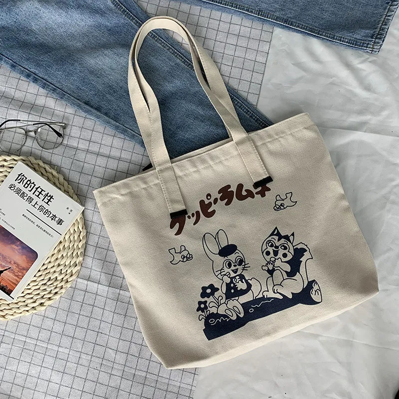 Cartoon Print Ladies Canvas Shoulder Bag Eco Reusable Women Shopper