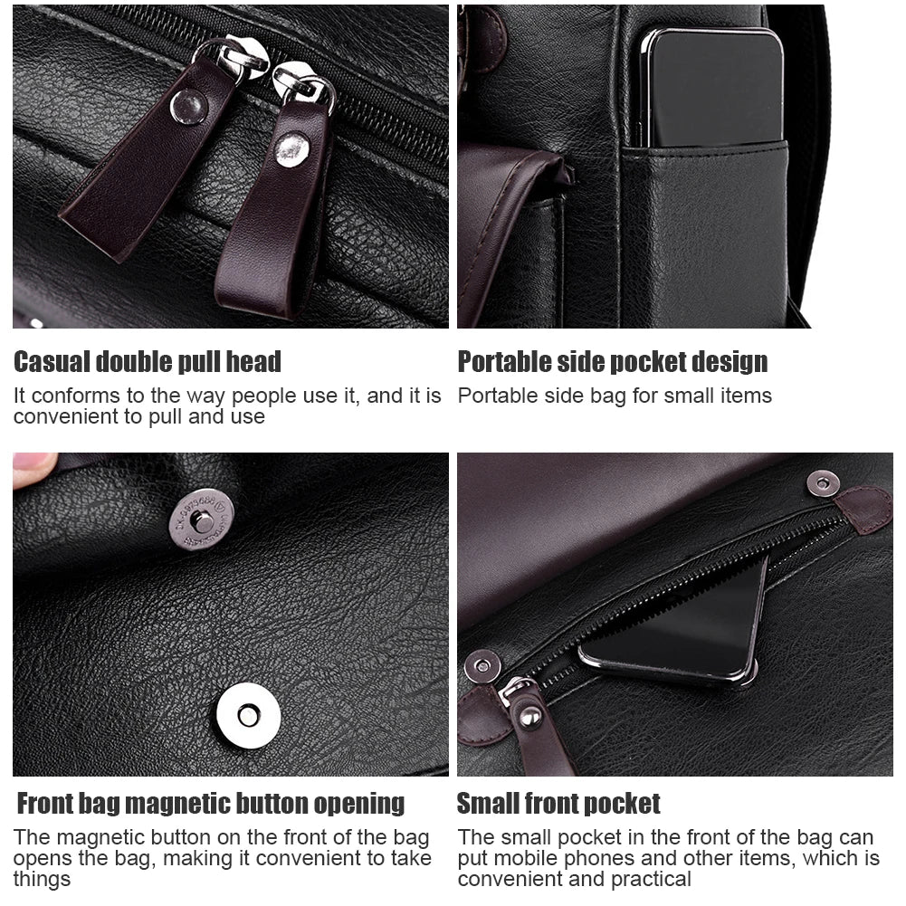 Large Capacity College PU Leather Men Backpack Business Travel Shopping