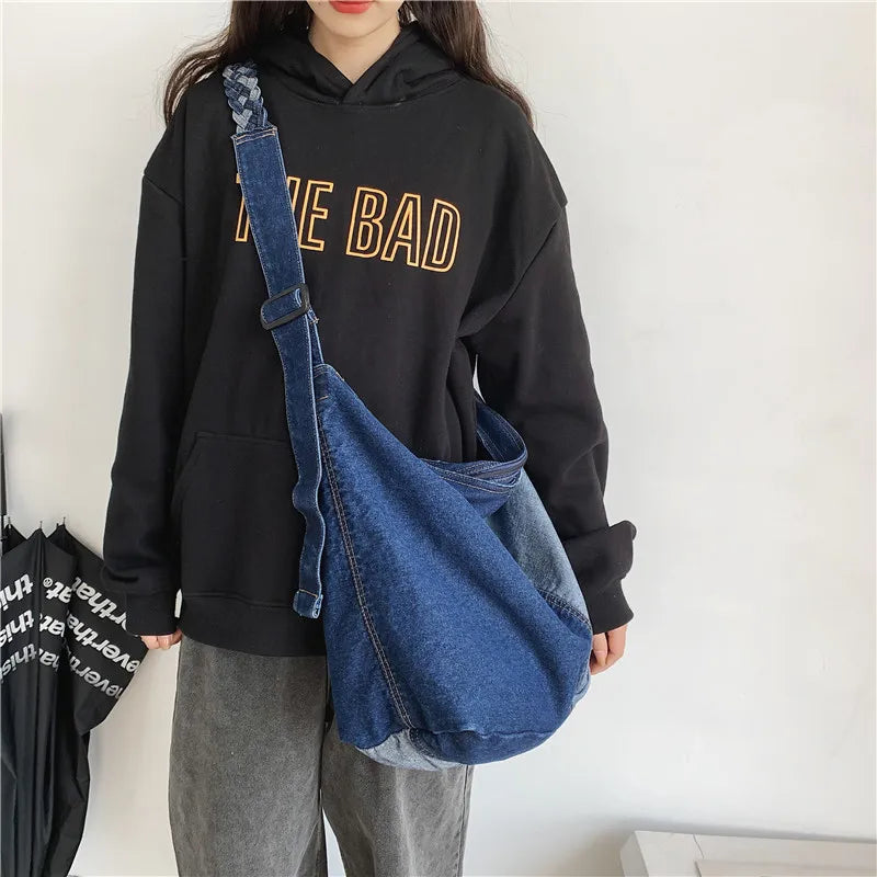 Large Denim Shoulder Bag for Women Patchwork Hobos Casual Packages