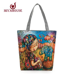 Characters Printed Canvas Tote Handbags Daily Use Canvas Shopping Bag