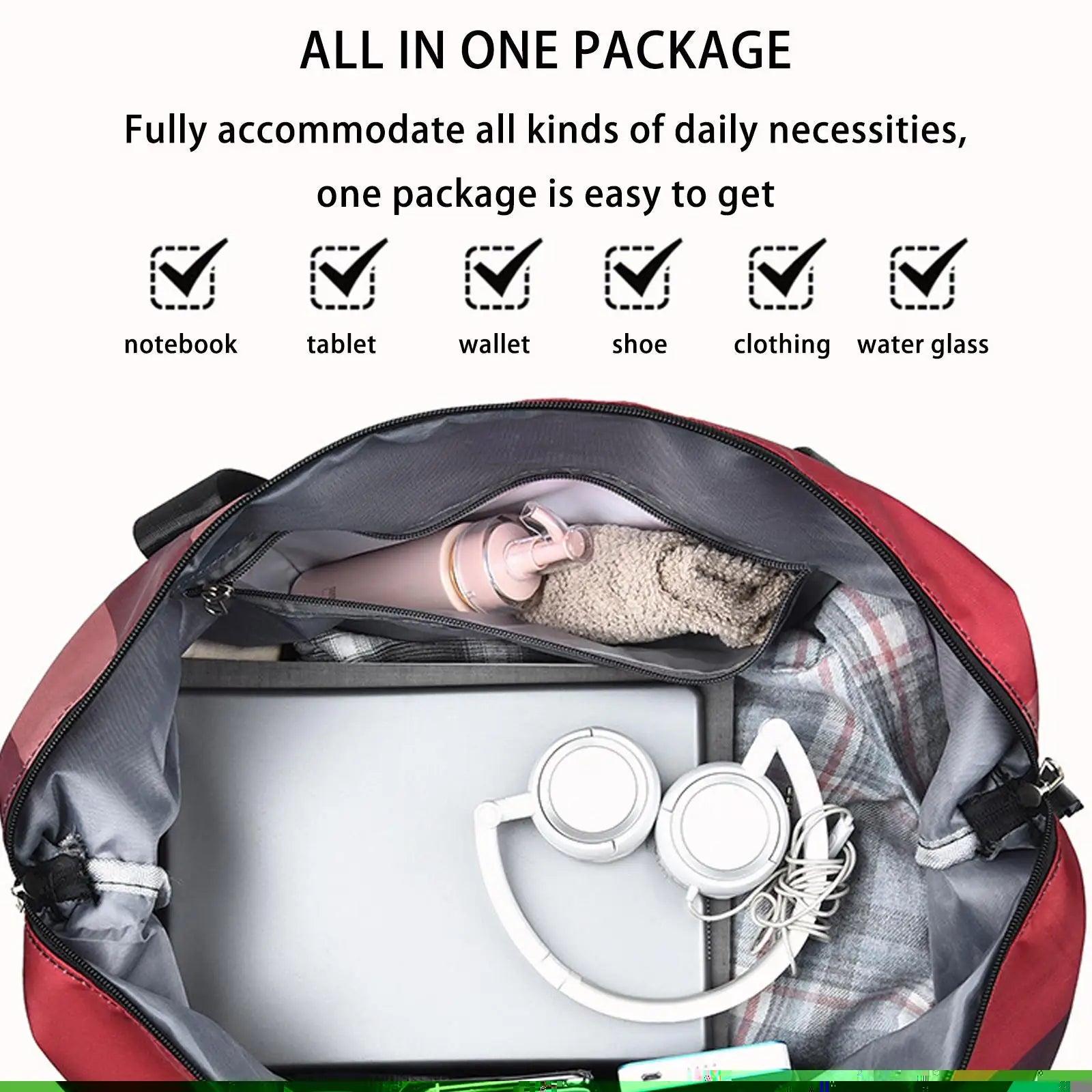 Large Capacity Foldable Travel Bag Dry Wet Separated Bag Lightweight