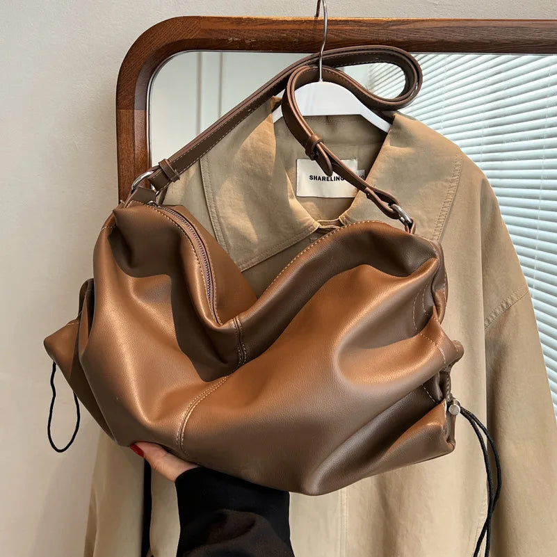 Large Capacity PU Leather Shoulder Bag French Messenger Tote Bag