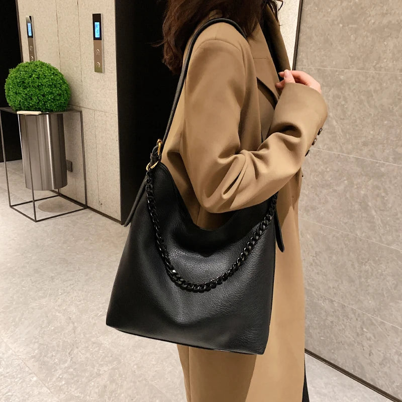 Large Capacity High Shoulder Bags Thick Chain Handbags PU Leather