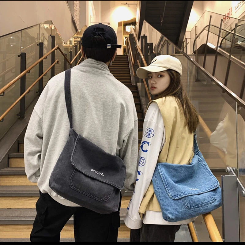 Large Capacity Denim Messenger Bag Youth Schoolbag