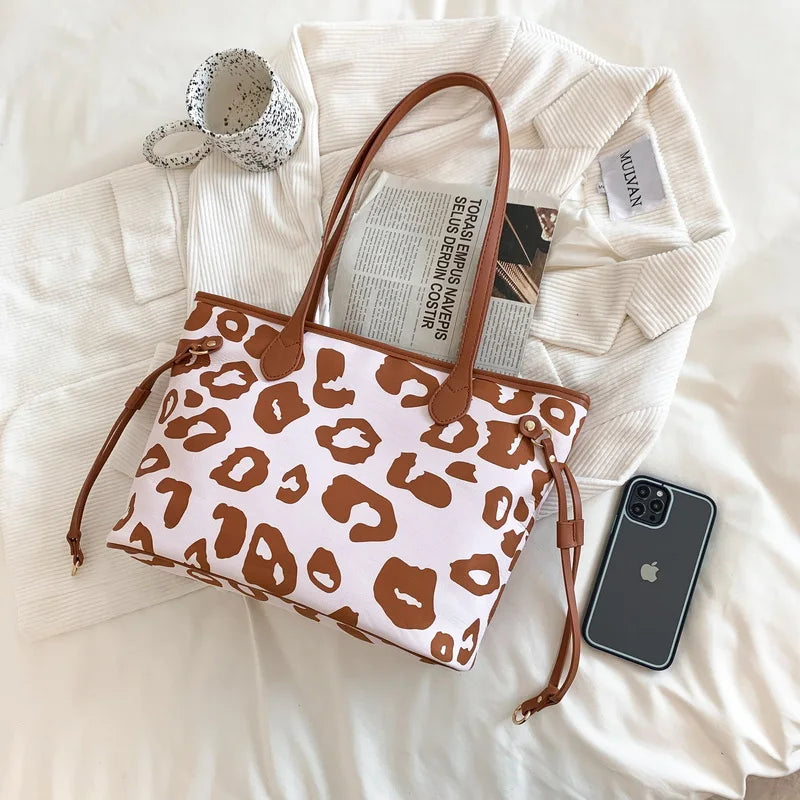 Large Capacity Leather Tote Bag for Women Printed Pattern Ladies Shoulder Bag