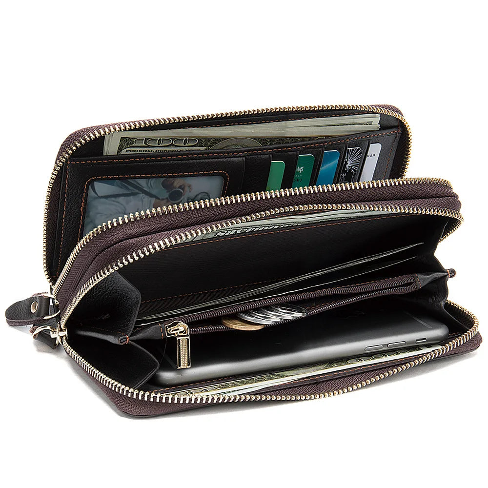 Large Capacity Men's Wallet Double Zipper Vintage Leather Clutch Wallets