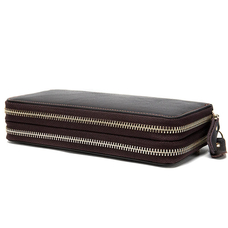 Large Capacity Men's Wallet Double Zipper Vintage Leather Clutch Wallets