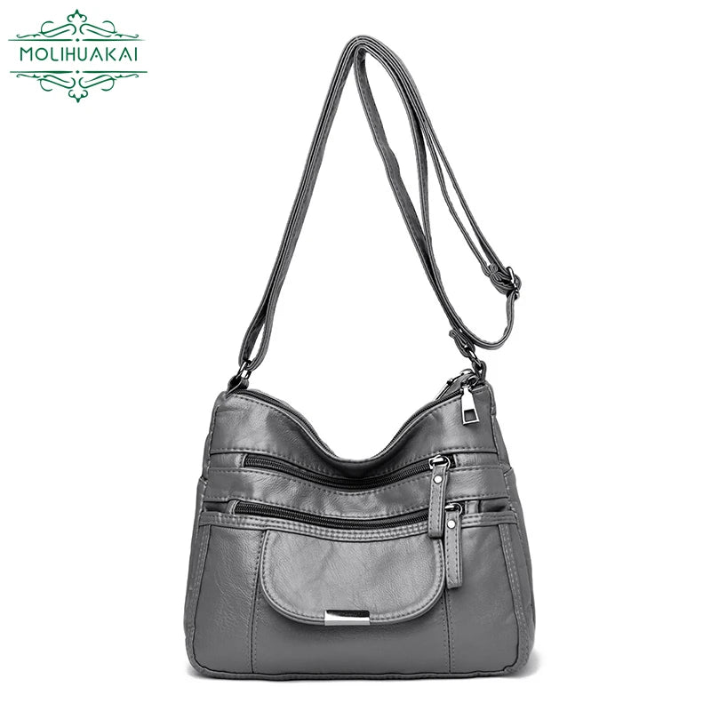 Retro Shoulder Bag Multi-Pocket Handbag Solid Color