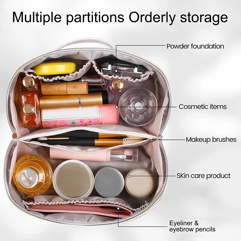 Large Capacity Waterproof PU Leather Makeup Bag with Handle and Divider