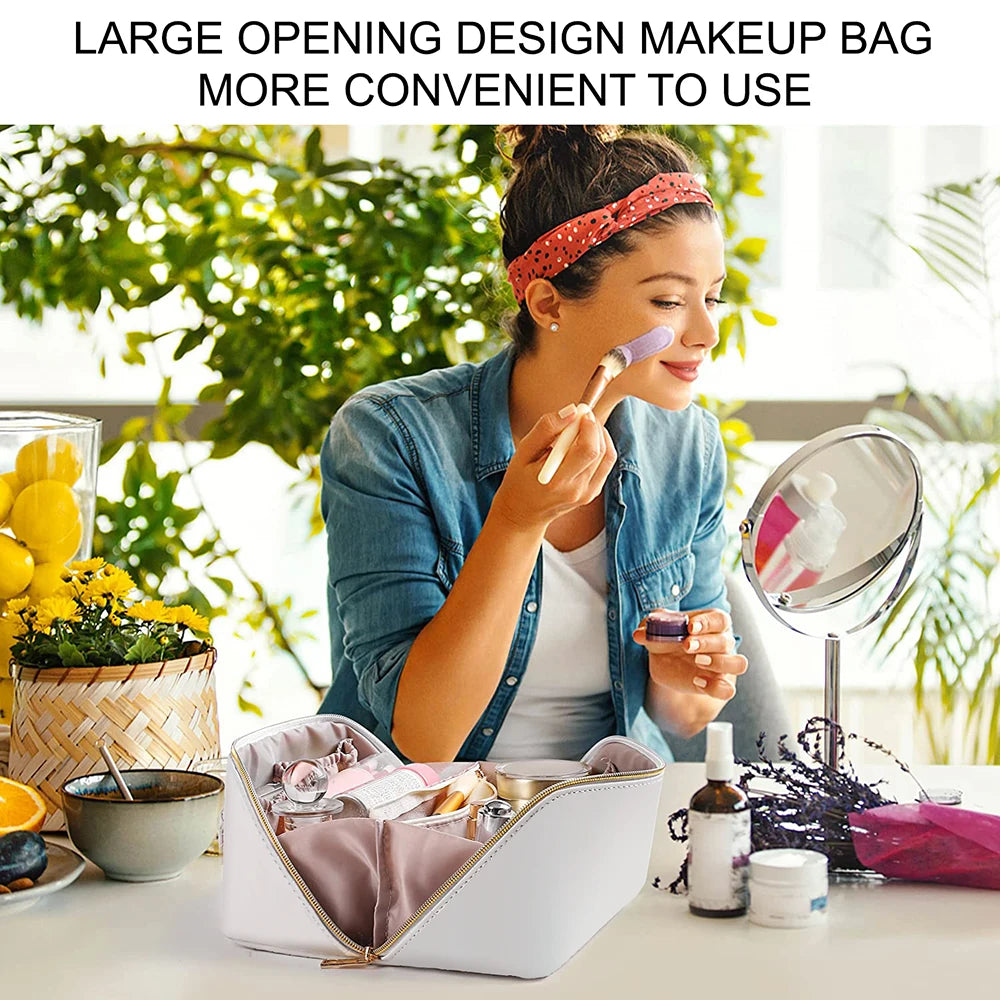 Large Capacity Waterproof PU Leather Makeup Bag with Handle and Divider