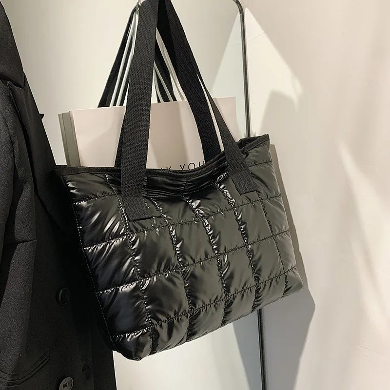 Large Capacity Shoulder Bags Women Plaid Space-cotton Down Tote Shopper Handbags