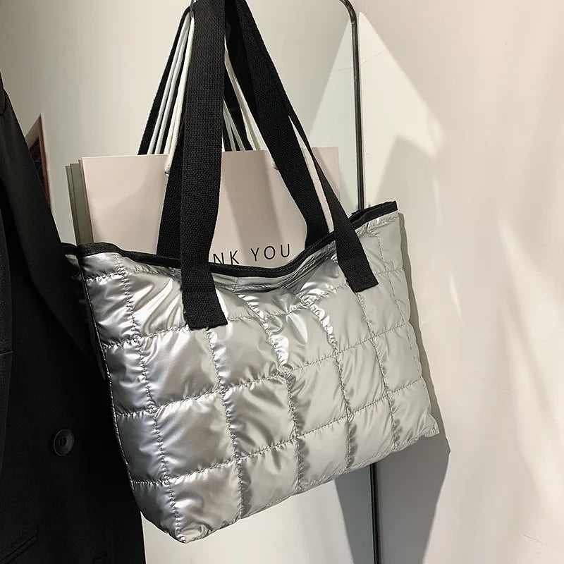 Large Capacity Shoulder Bags Women Plaid Space-cotton Down Tote Shopper Handbags
