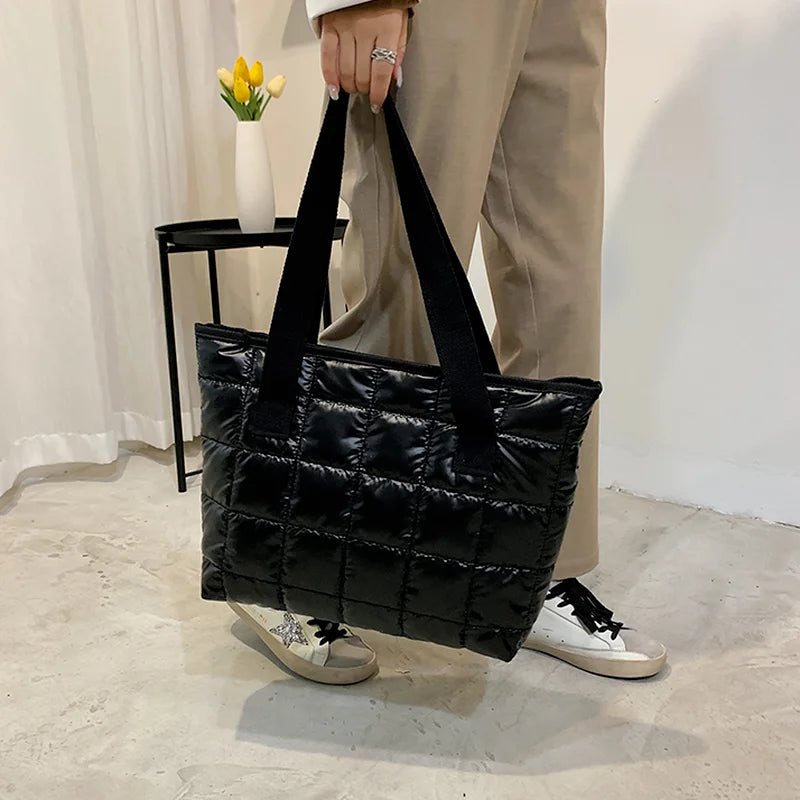 Large Capacity Shoulder Bags Women Plaid Space-cotton Down Tote Shopper Handbags