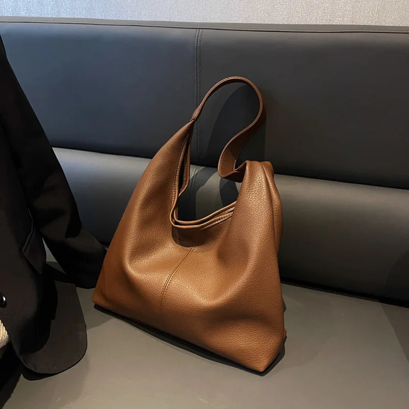 Large Capacity PU Leather Tote Bag Retro Style Women Shoulder Bag