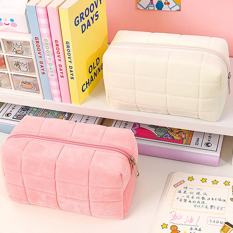 Pink Plush Makeup Bag Pencil Case Student Storage Soft Organizer