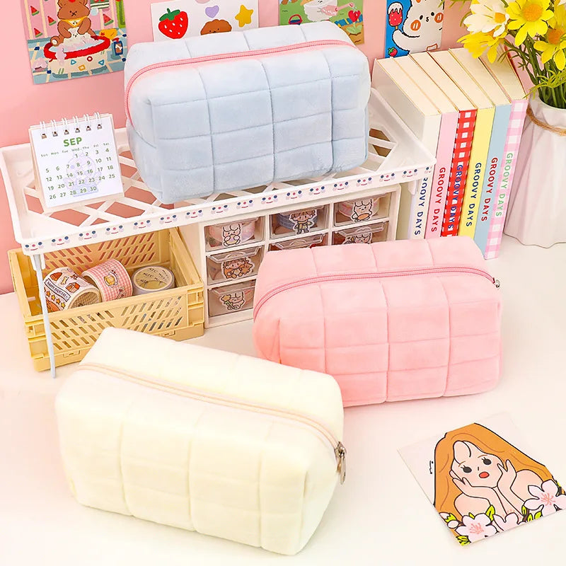 Pink Plush Makeup Bag Pencil Case Student Storage Soft Organizer