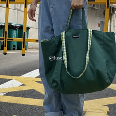 Plaid Reversible Shoulder Bag Canvas Tote Shopping Travel